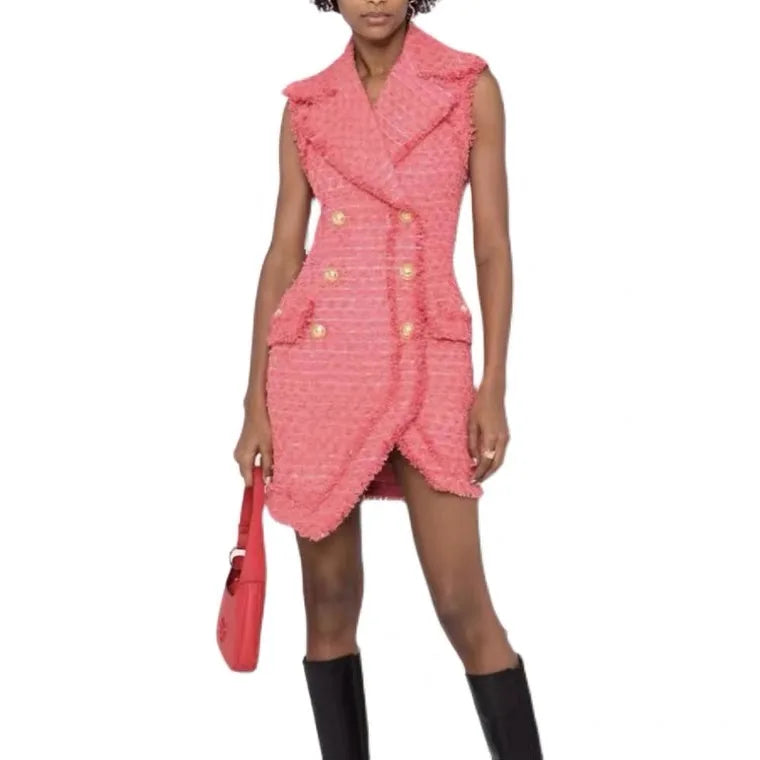 Luxury Sleeveless Tweed Pink Blazer Dress With Gold Buttons