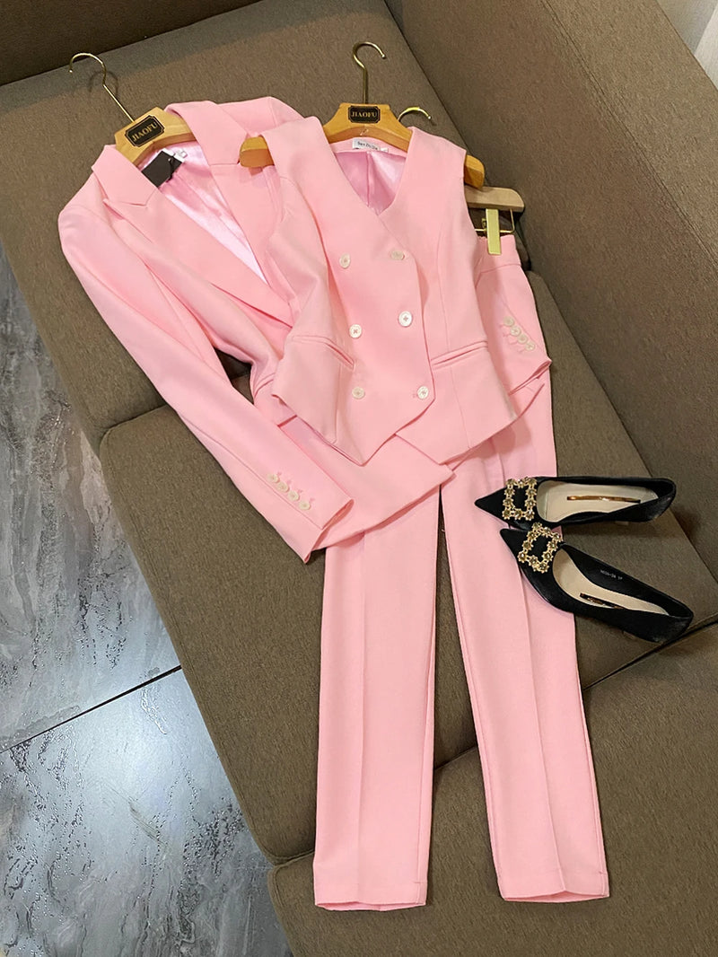 British Style 3-Piece Suit Double-Breasted Vest Soft Pink and Regular fit Pants