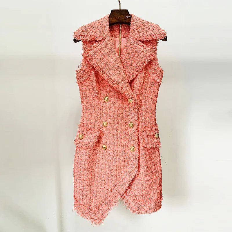 Luxury Sleeveless Tweed Pink Blazer Dress With Gold Buttons