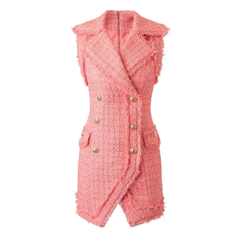 Luxury Sleeveless Tweed Pink Blazer Dress With Gold Buttons