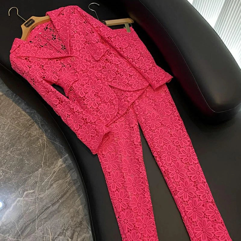 Elegant Lace 2-Piece Suit with Pencil Pants and One Button Single Breasted Blazer