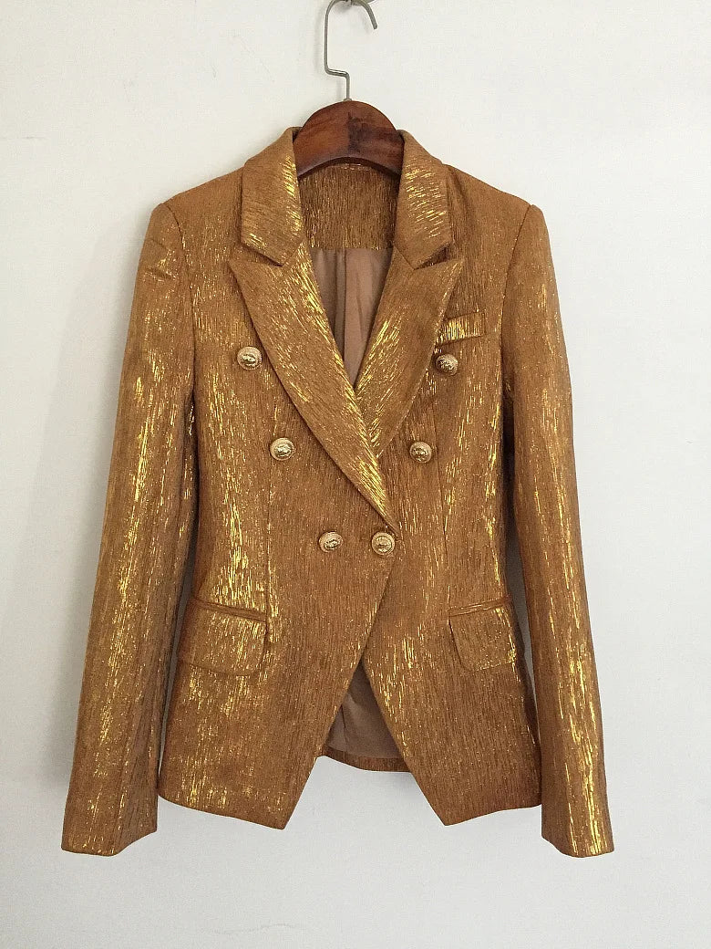 Gold Single-Breasted Blazer With Ornate Button