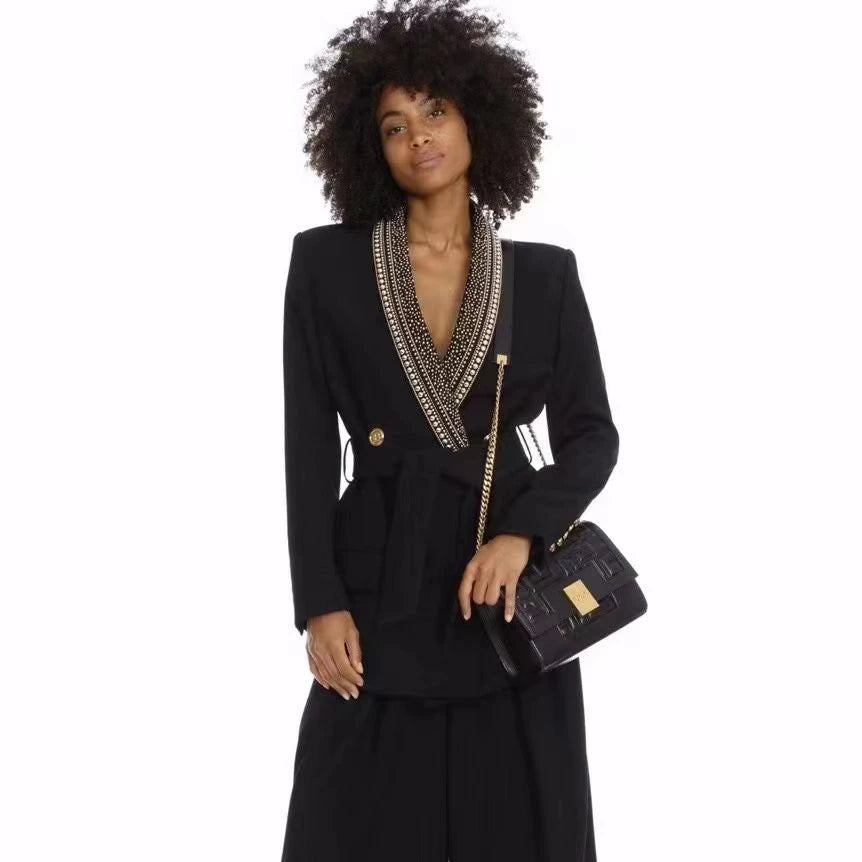 V-Neck Double Beaded Blazer Dress With Full Sleeves