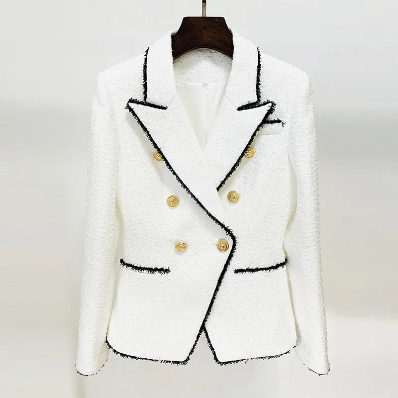 Luxury Fitted Tweed Blazer With Golden Ornate Lion Buttons in White