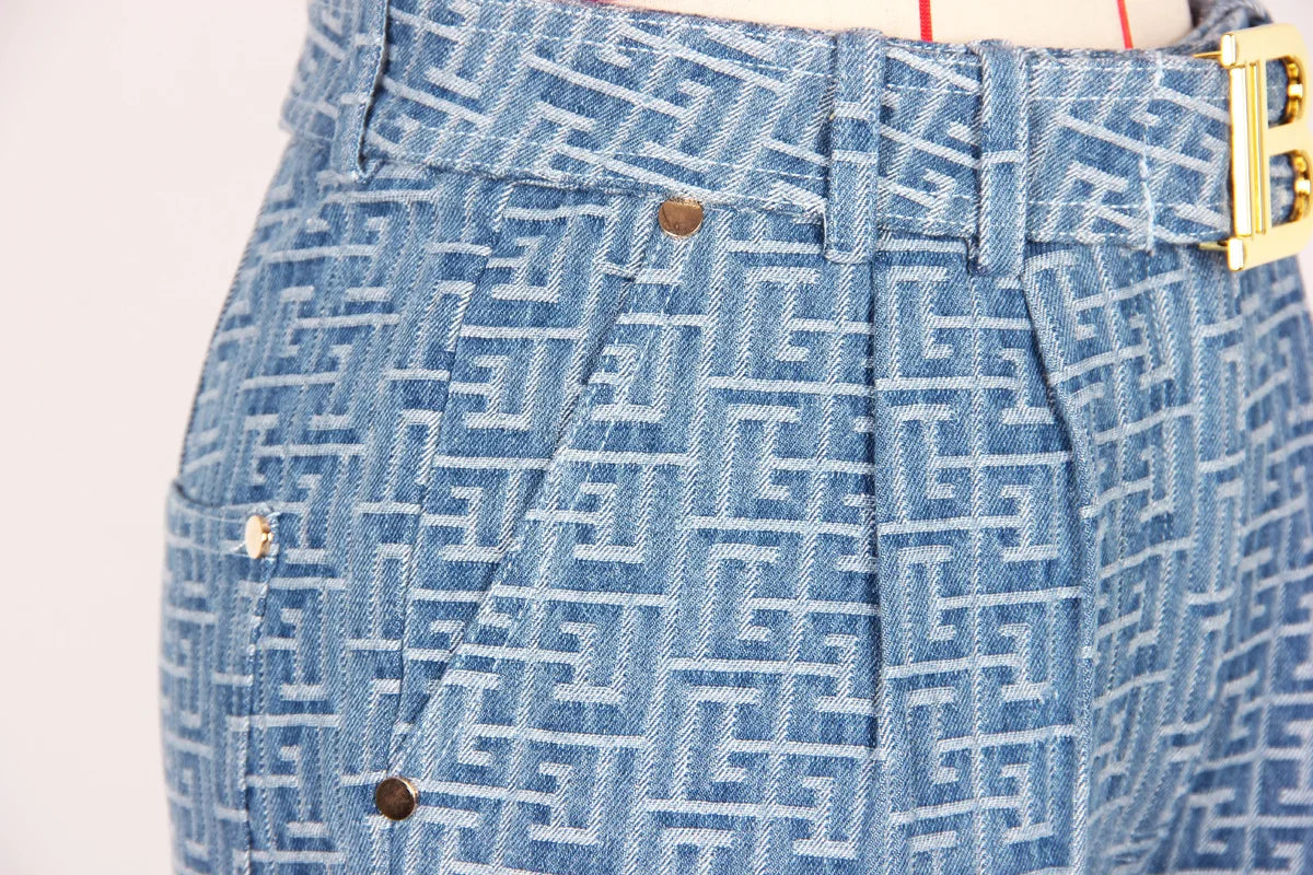 Geometric High Waist Blue Trousers