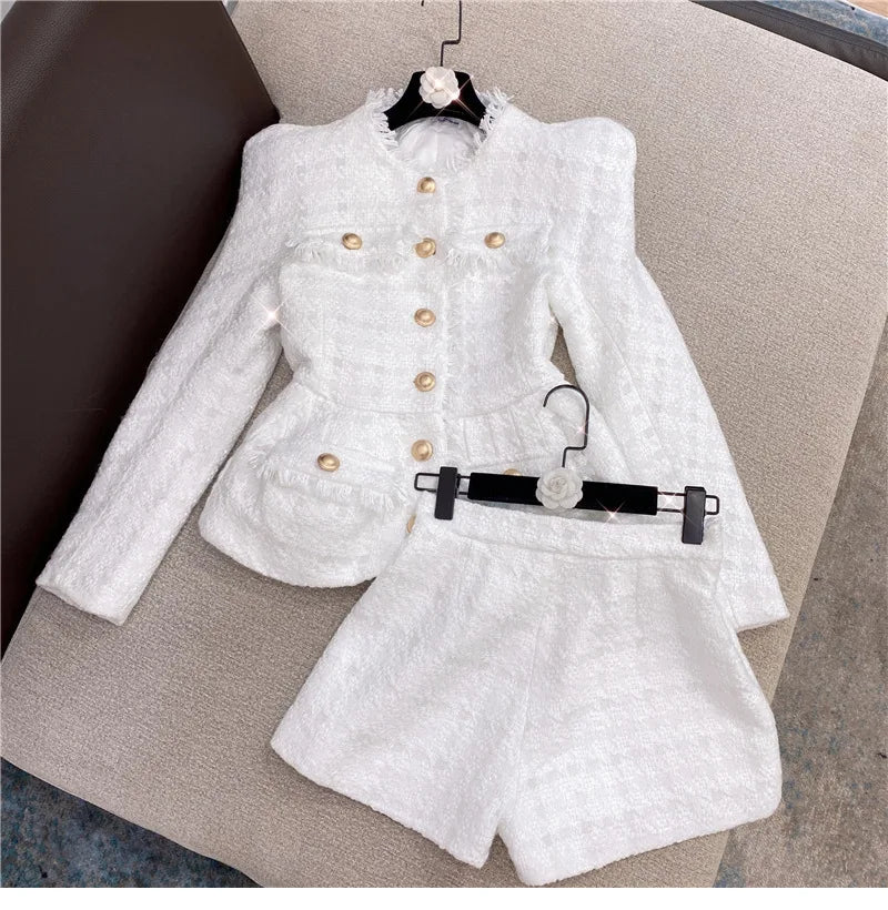 2-Piece Suit Jacket with High Waist Shorts and Gold Front Buttons