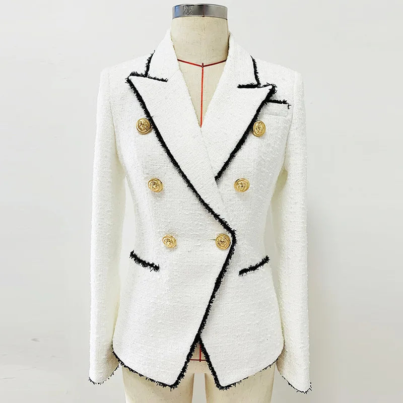 Luxury Fitted Tweed Blazer With Golden Ornate Lion Buttons in White