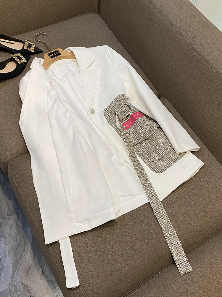 Single Button Patchwork Office Blazer With Belt