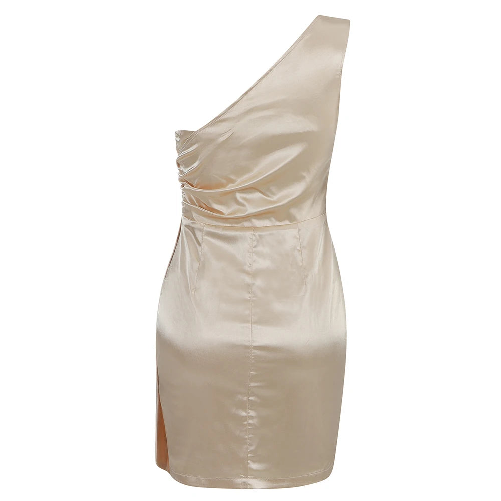 Champagne One Shoulder Satin Dress