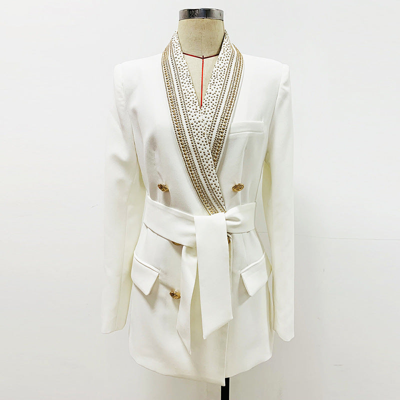 Gold Rhinestone Collar Mid-Length Ivory Blazer