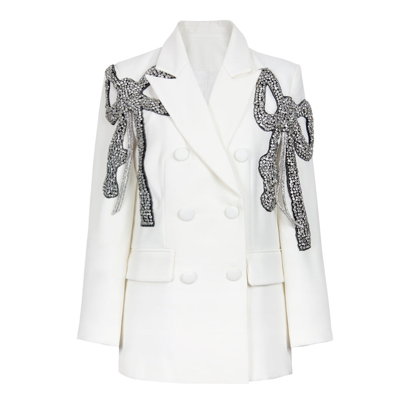 Double Breasted Blazer With Rhinestone Bows on Shoulders