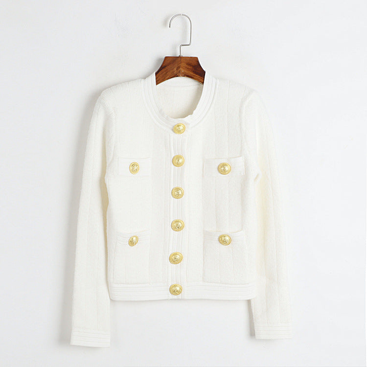 Crew Neck Cardigan With Ornate Gold Buttons