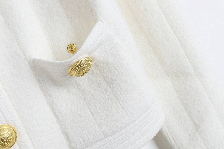 Crew Neck Cardigan With Ornate Gold Buttons