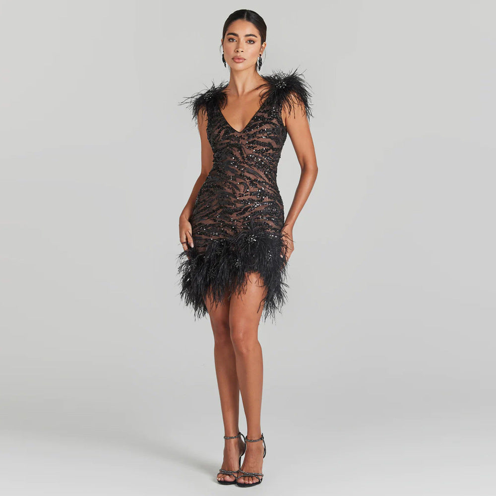 Sexy Backless Sequined Feather Dress