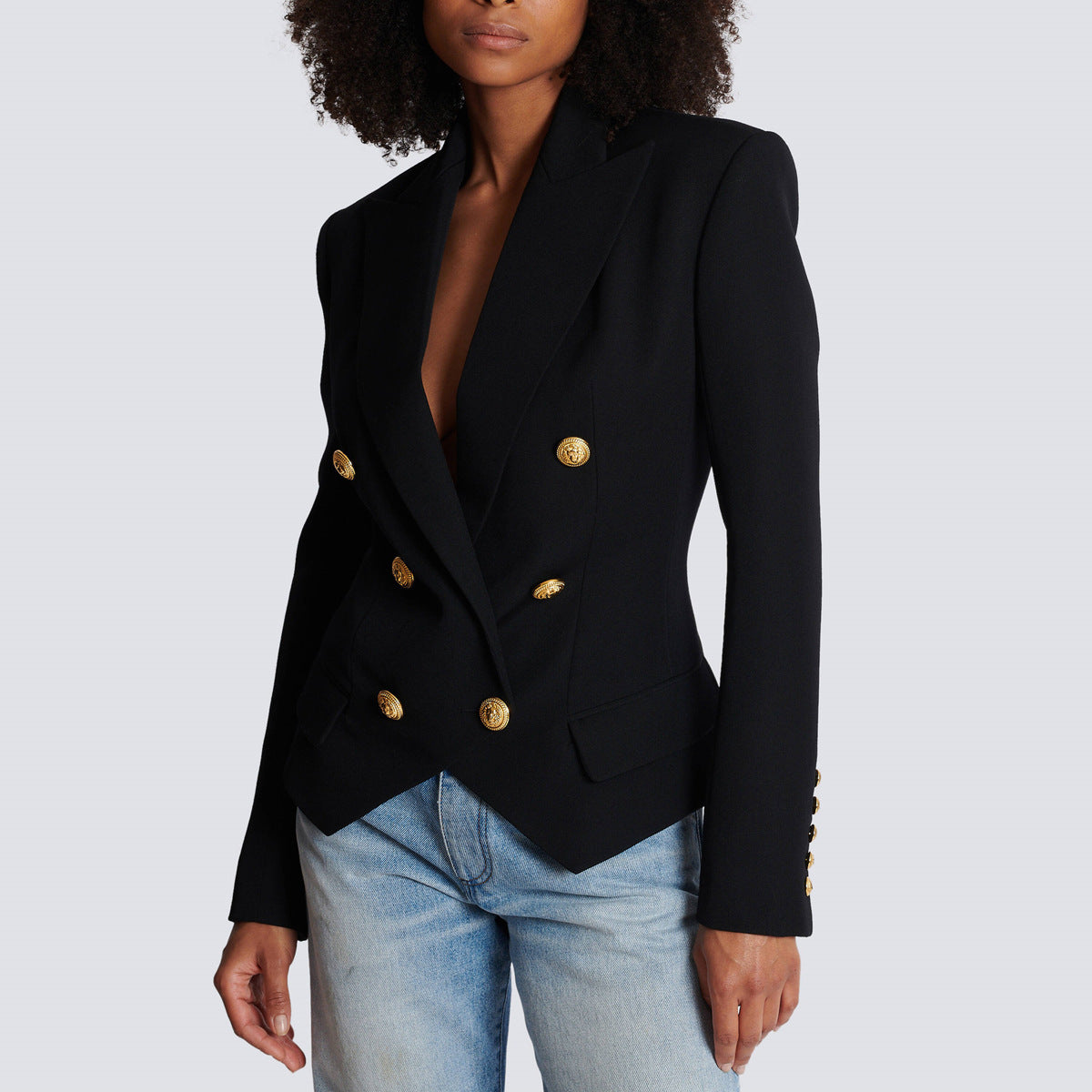 Classic Double Breasted Blazer With Ornate Gold Buttons