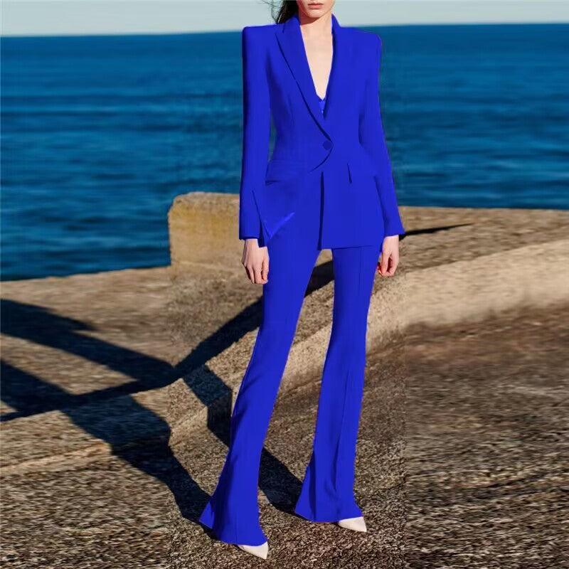 One Button Mid Length Bell Bottom Two Piece Suit