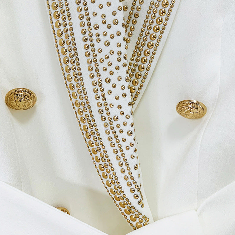 Gold Rhinestone Collar Mid-Length Ivory Blazer