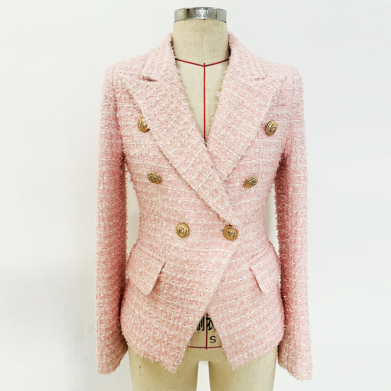 Double-Breasted Pink Tweed Woolen Jacket Blazer With Ornate Gold Buttons