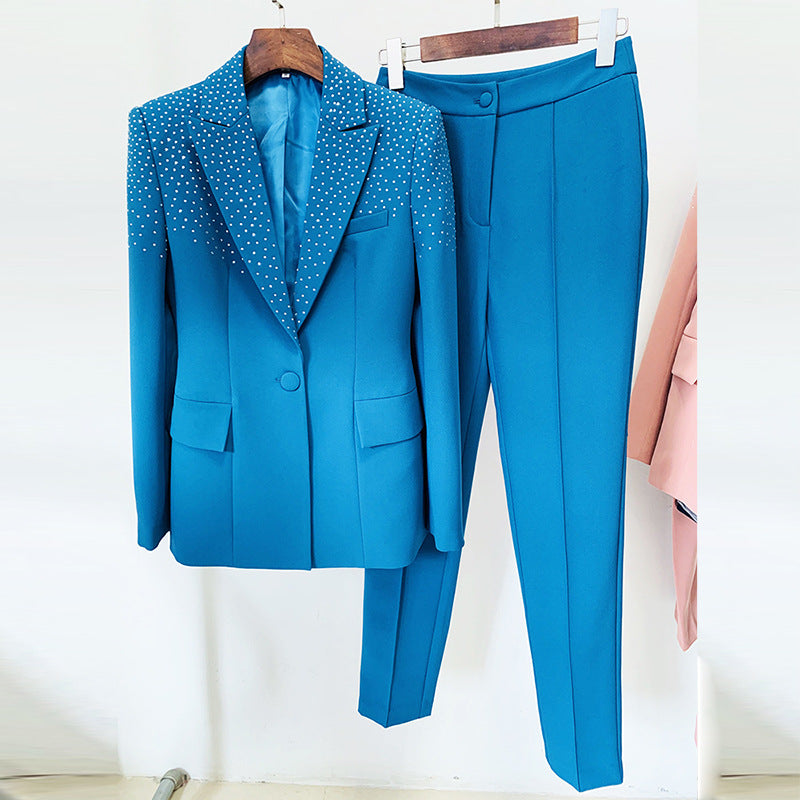 Embelished One Button Blazer Two Piece Set