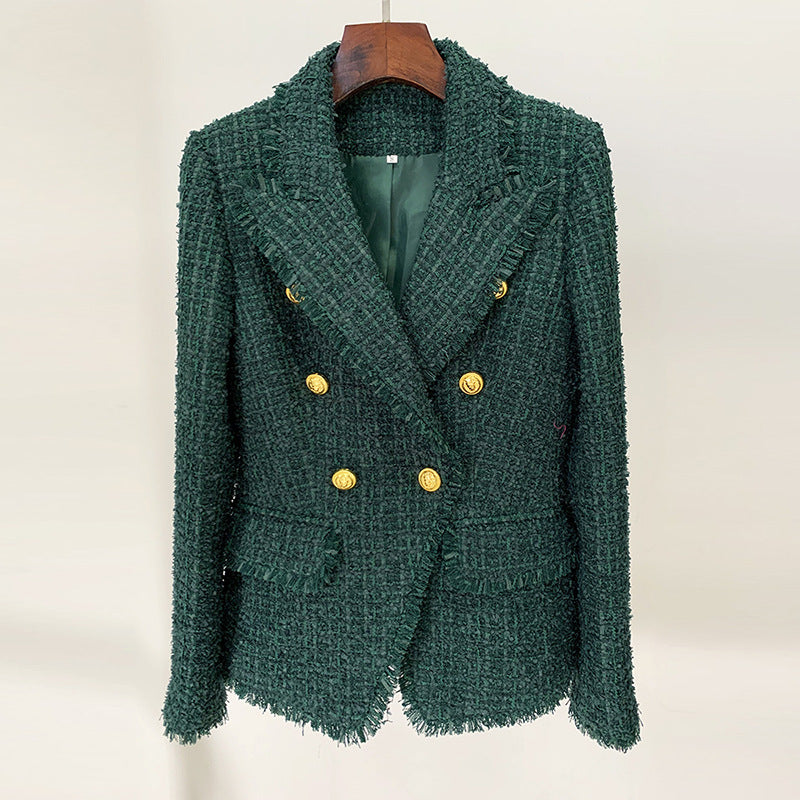 Dark Green Tassel Fringe Tweed Blazer With Ornate Gold Buttons