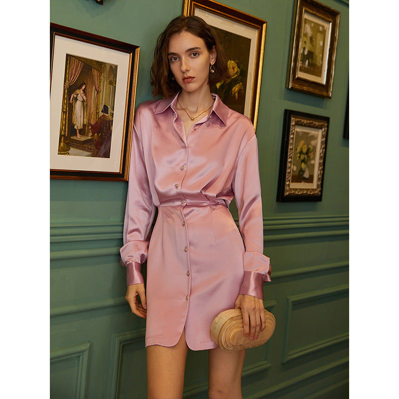 French Satin Fitted Shirt Dress