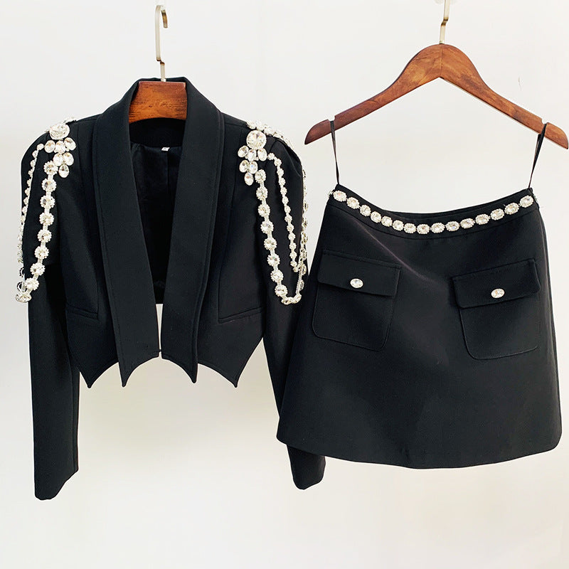 Diamond Chain Rhinestone Short Blazer With Matching Skirt Suit Set