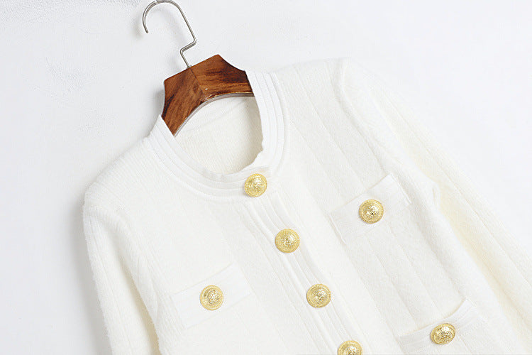 Crew Neck Cardigan With Ornate Gold Buttons