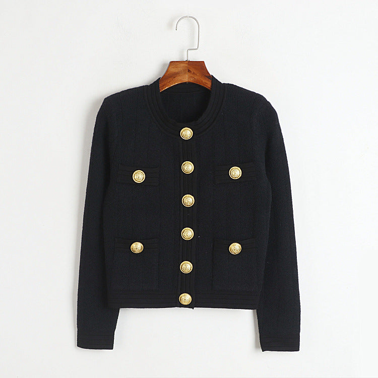 Crew Neck Cardigan With Ornate Gold Buttons