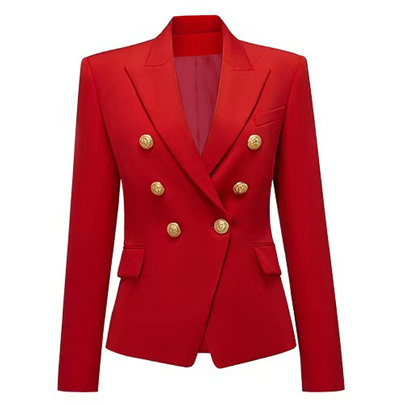 Waist Slimming Women's Classic Double Breasted Blazer With Gold Buttons