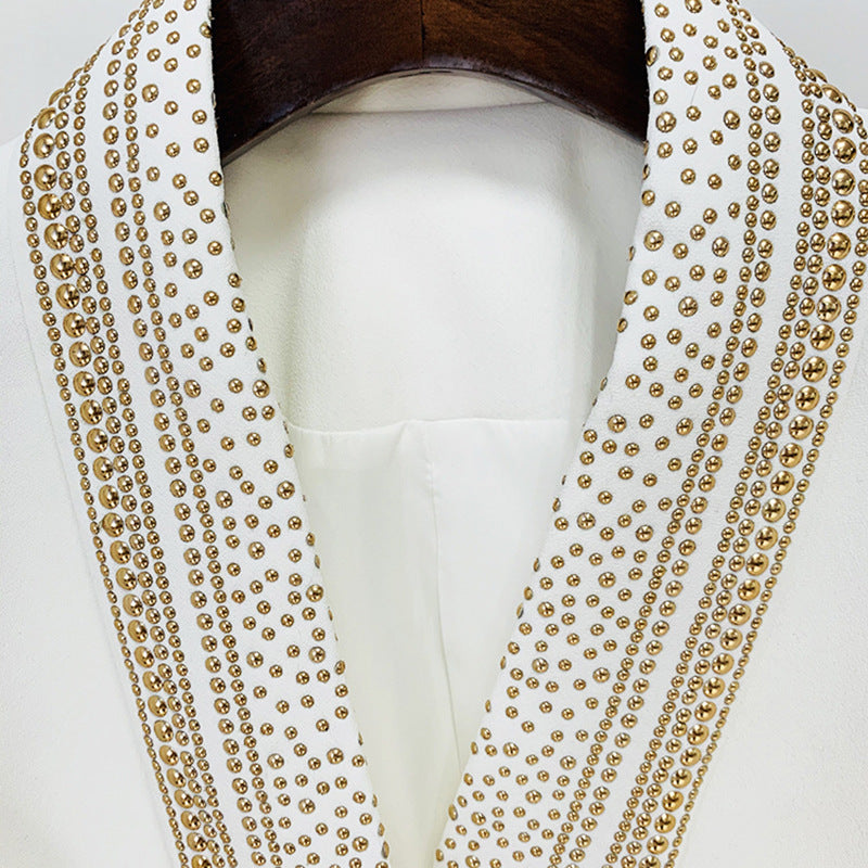 Gold Rhinestone Collar Mid-Length Ivory Blazer