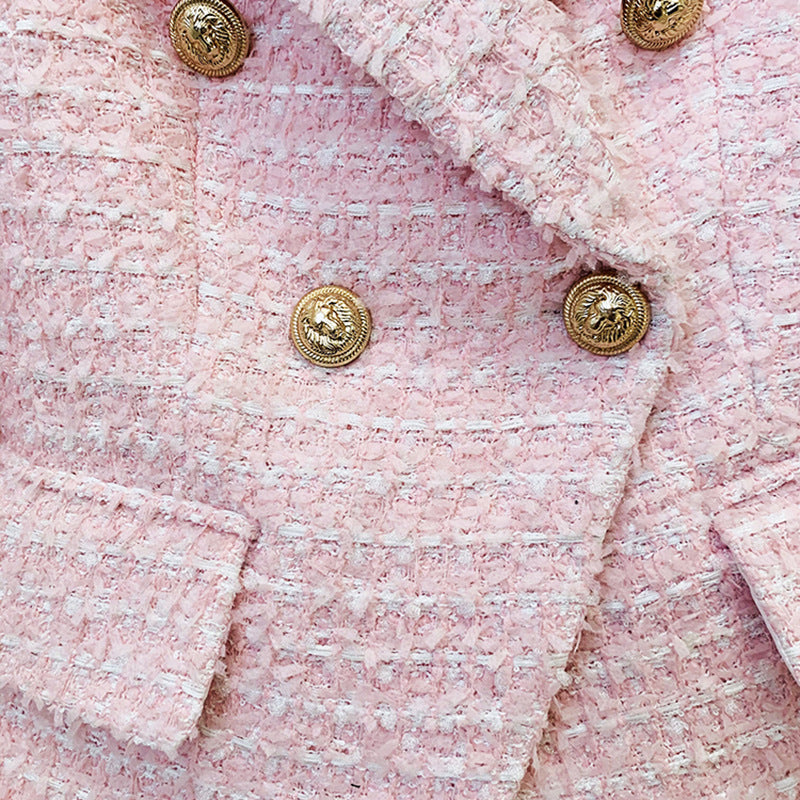 Double-Breasted Pink Tweed Woolen Jacket Blazer With Ornate Gold Buttons