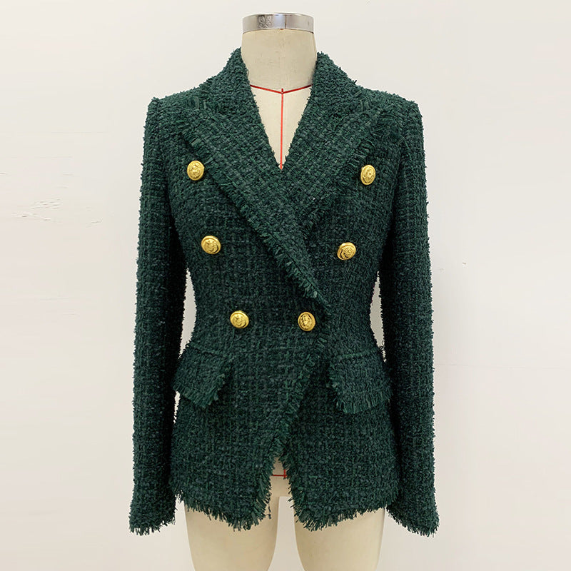 Dark Green Tassel Fringe Tweed Blazer With Ornate Gold Buttons