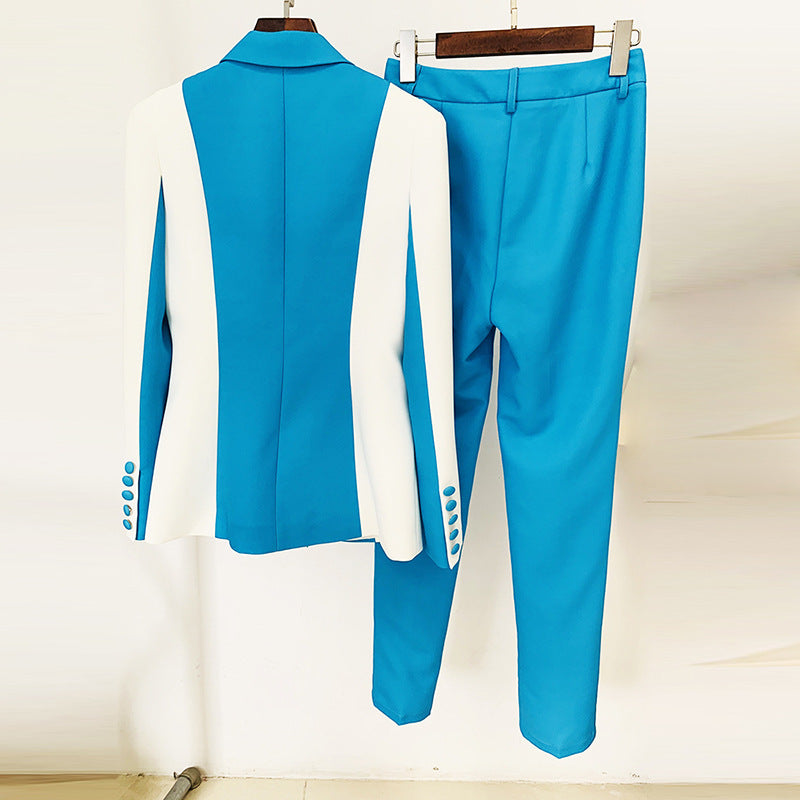 Color Block Matching One Button Suit With Skinny Pants Two Piece Set