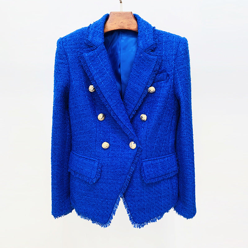 Double Breasted Woolen Blazer With Ornate Lion Head Buttons