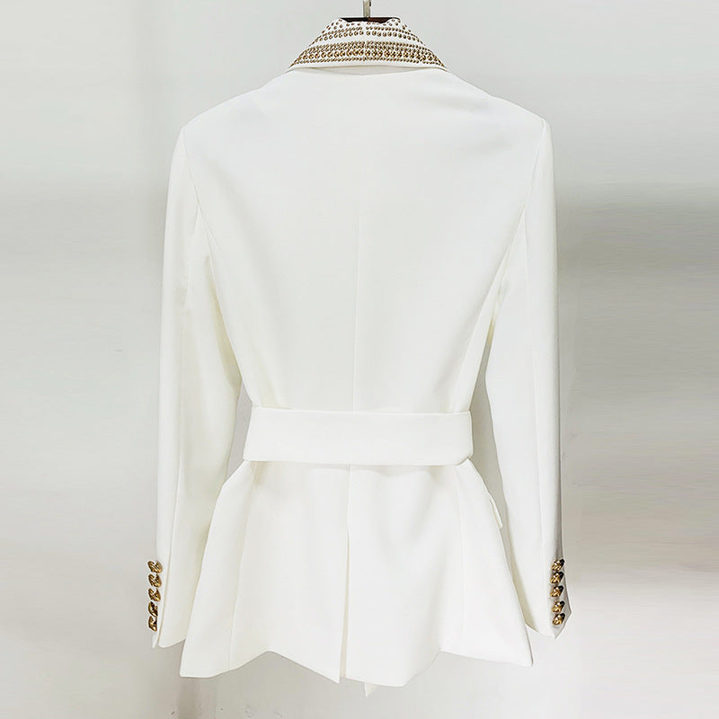 Gold Rhinestone Collar Mid-Length Ivory Blazer