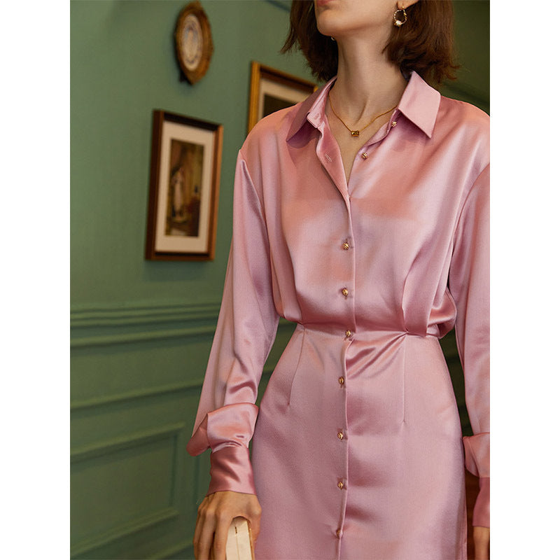 French Satin Fitted Shirt Dress