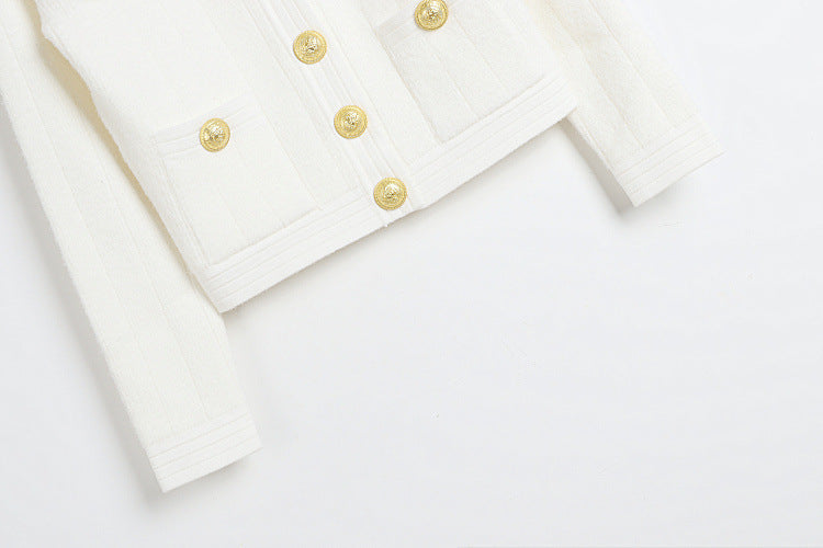 Crew Neck Cardigan With Ornate Gold Buttons