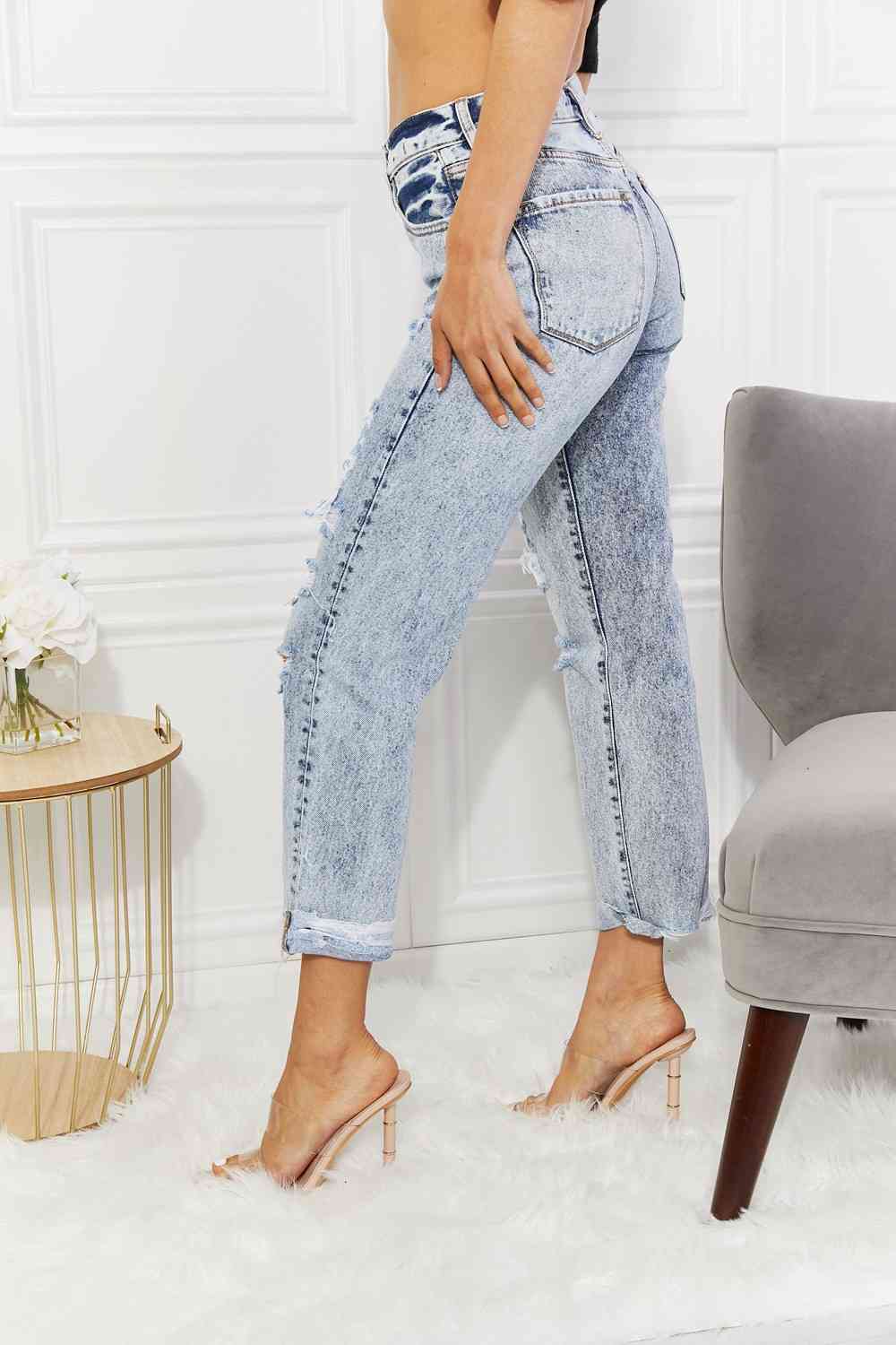 High Rise Distressed Straight Jeans