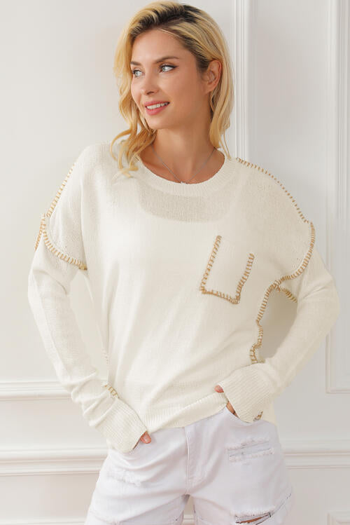 Exposed Seam Round Neck Sweater