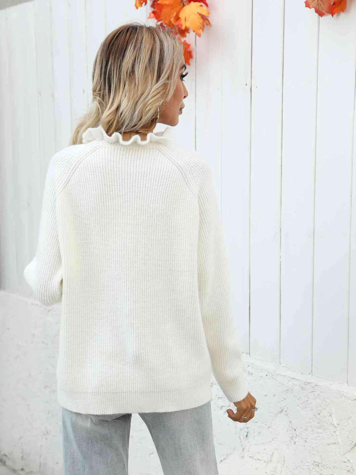 Frill Neck Rib-Knit Button Sweater