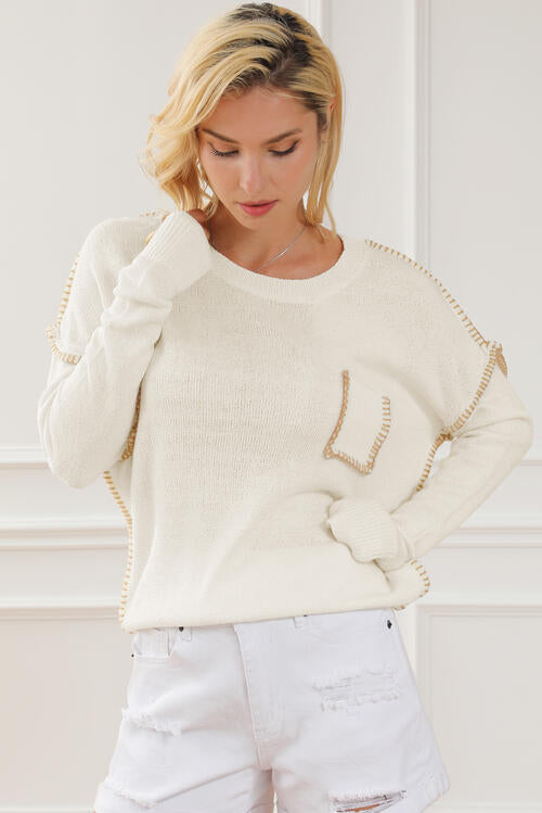 Exposed Seam Round Neck Sweater