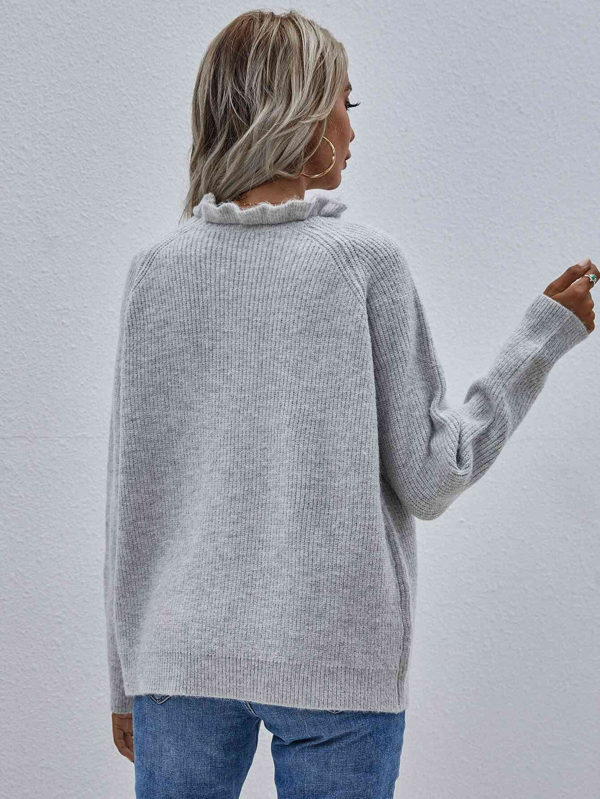 Frill Neck Rib-Knit Button Sweater