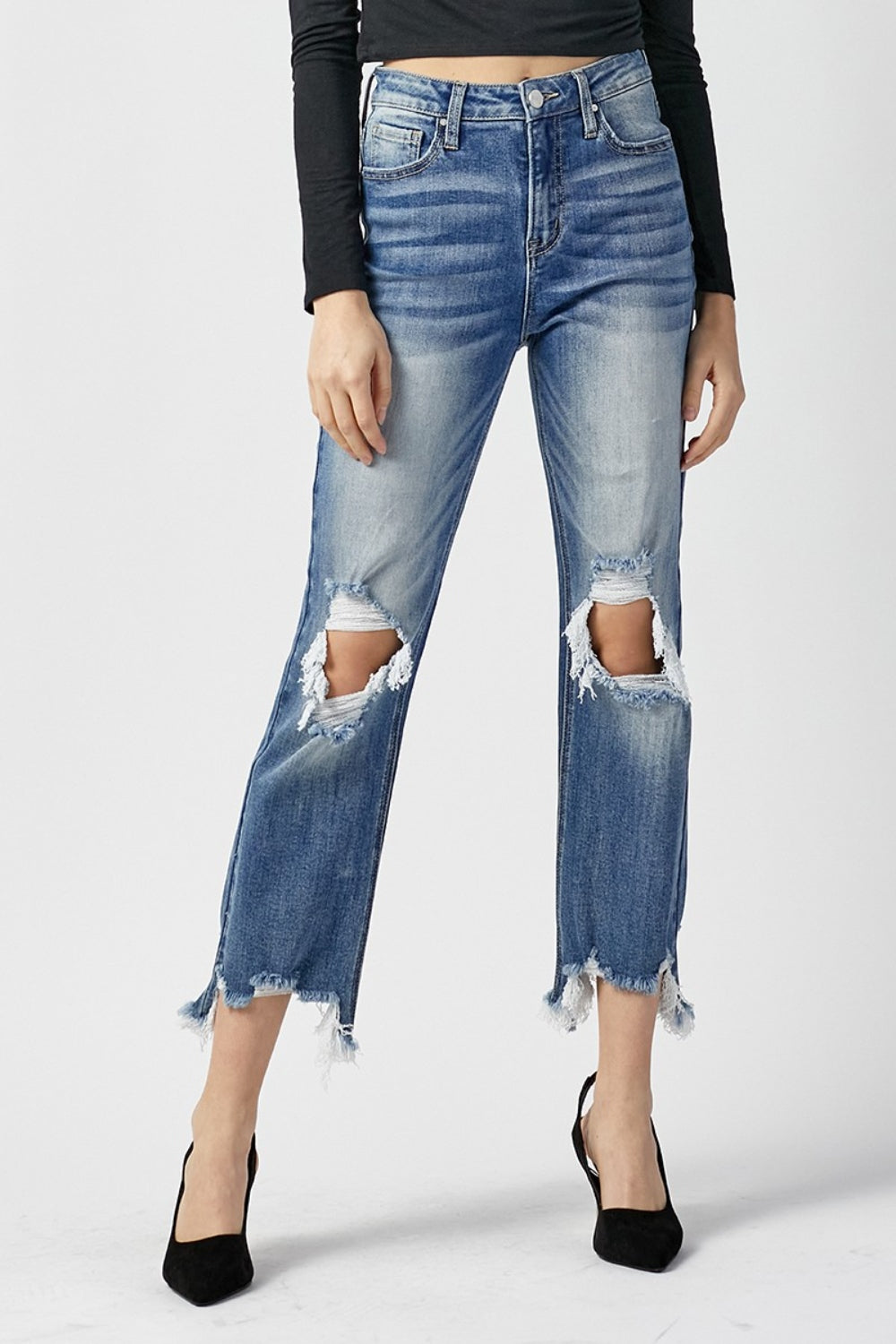 Frayed Hem Cropped Straight Jeans