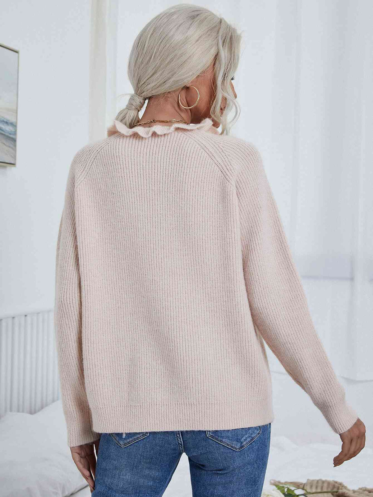 Frill Neck Rib-Knit Button Sweater