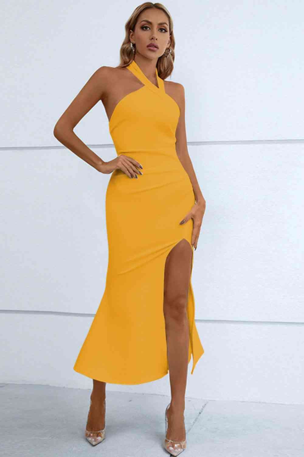 Halter Neck Split Fishtail Body Con Dress